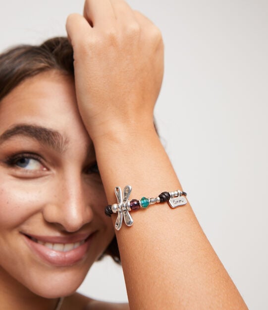 Leather bracelet with dragonfly, Silver, large